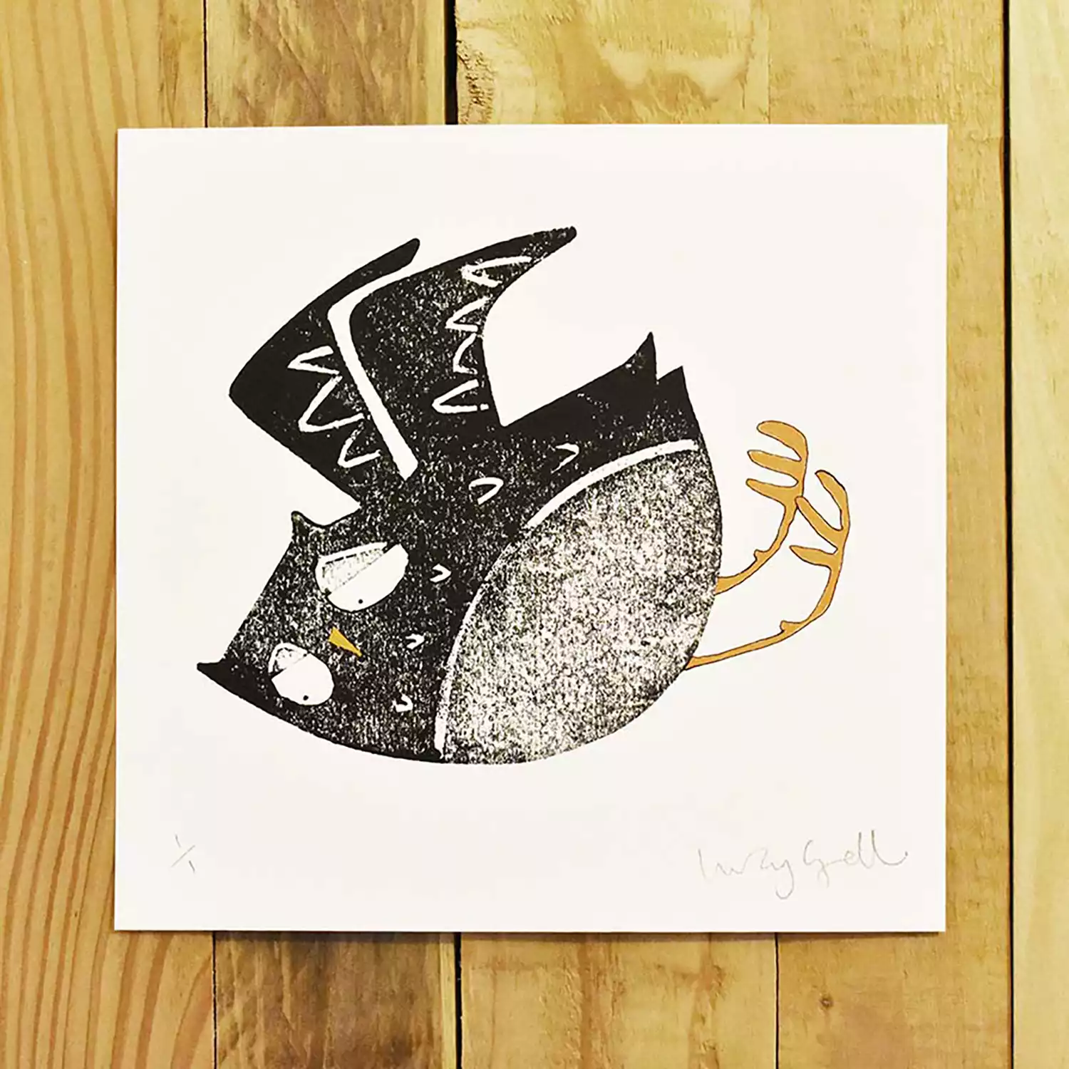 A4 size owl monoprint small flying bird wall art print