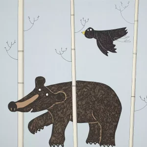 baby's room bear animal wall art screen print with a walking black bear and bird