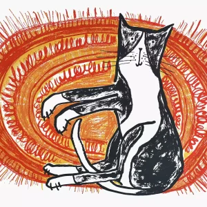 black and white cat on red rag rug animal wall art screen print