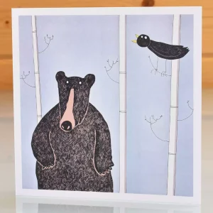 black bear card with blackbird - blank inside birthday or any occasion greeting