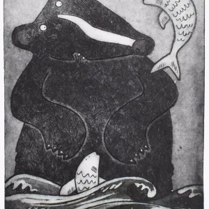 black bear fishing art etching animal wall print