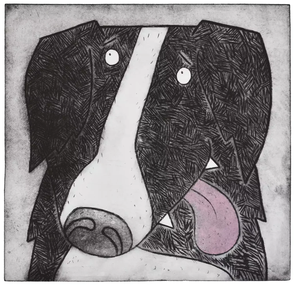 border collie dog portrait acid etching wall art print featuring man's best friend