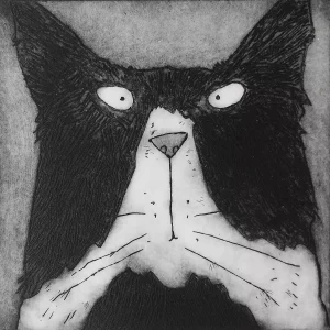 black and white Tomcat portrait etching cat wall art print