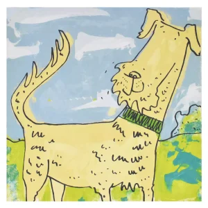 Cheerful Irish Terrier screen print animal wall art decor with yellow dog on green grass with blue sky
