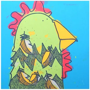 chicken portrait screen print wall art with green yellow and red hen on a blue background bird wall art print kitchen room decor