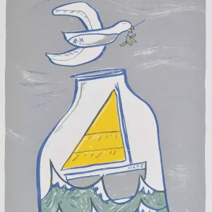 covid art Hope featuring a seagull flying over a sailing boat in a bottle