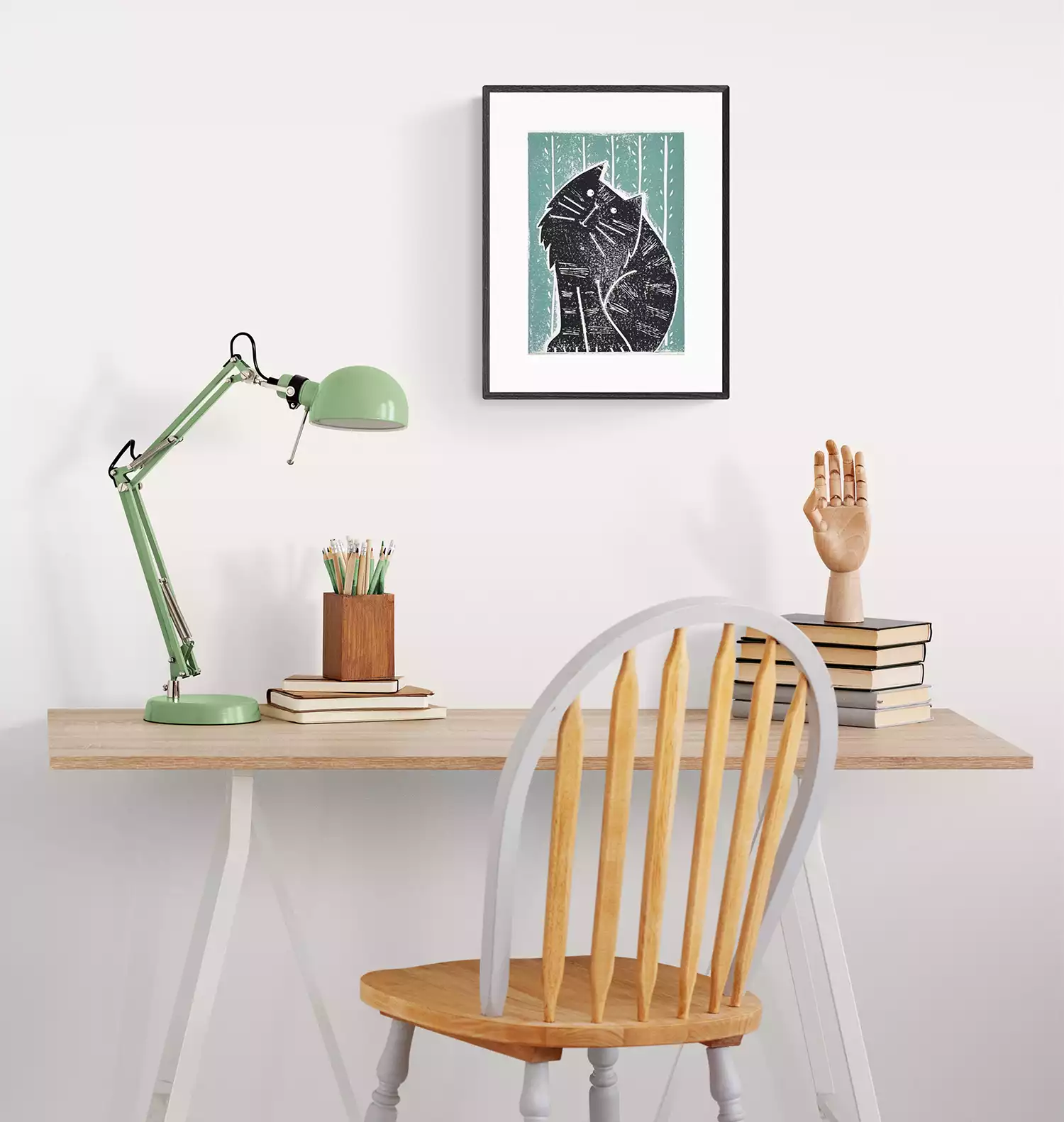 fluffy black cat on a blue / green background office wall art print
