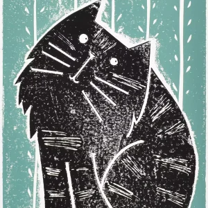 fluffy cat art - affordable A4 wall print with black pondering puss on blue green background