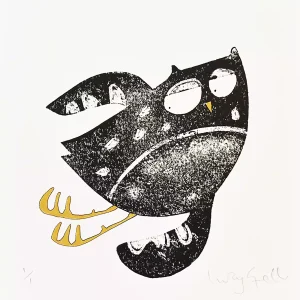 flying owl art affordable A4 size monoprint small wall decor print for bird lovers and owners