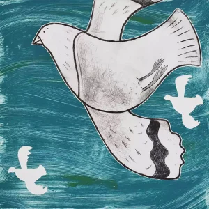 flying pigeon etching wall art print drypoint bird room decor with aqua blue green sky