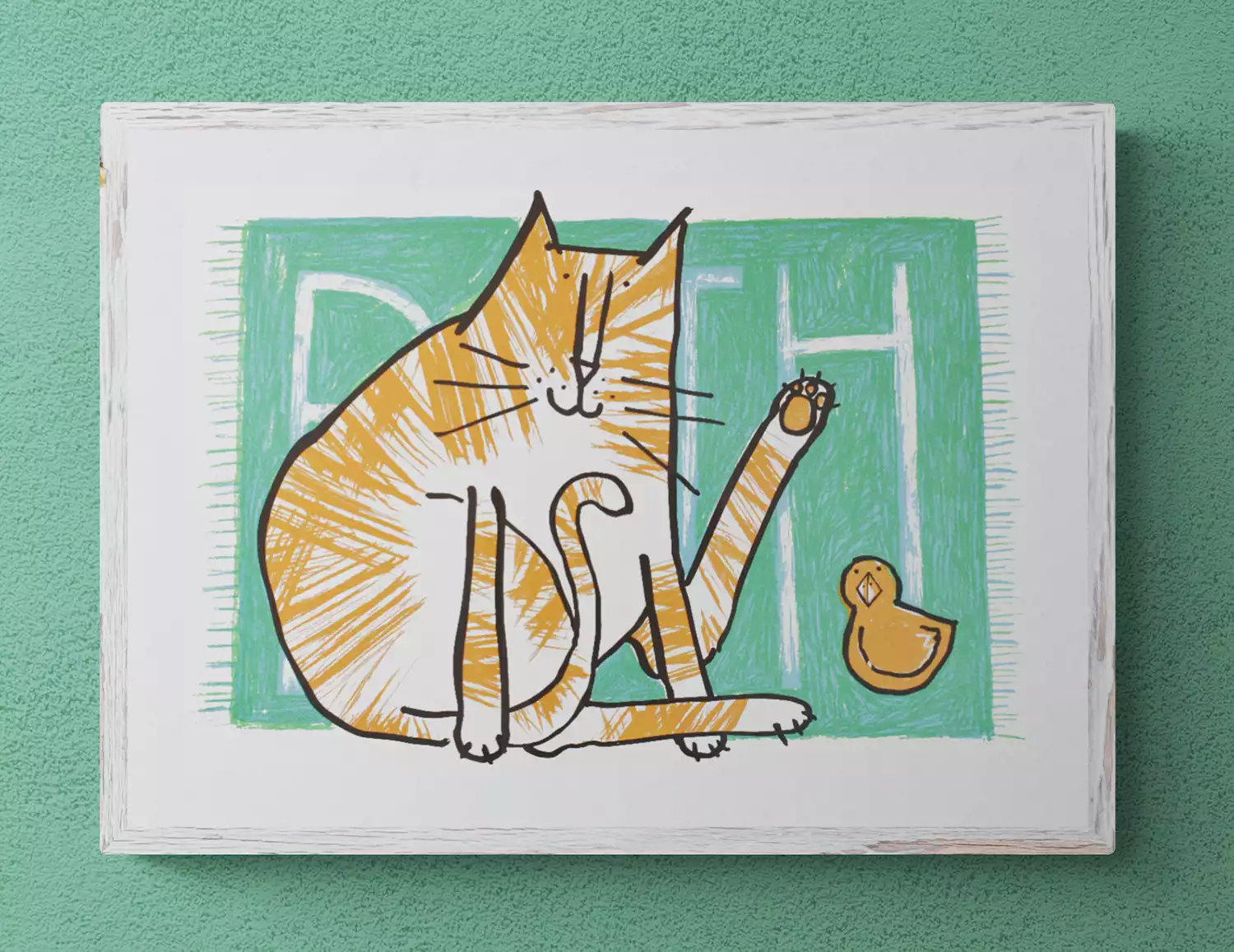 framed bathroom orange and white tabby cat on green bath mat with rubber duck art print
