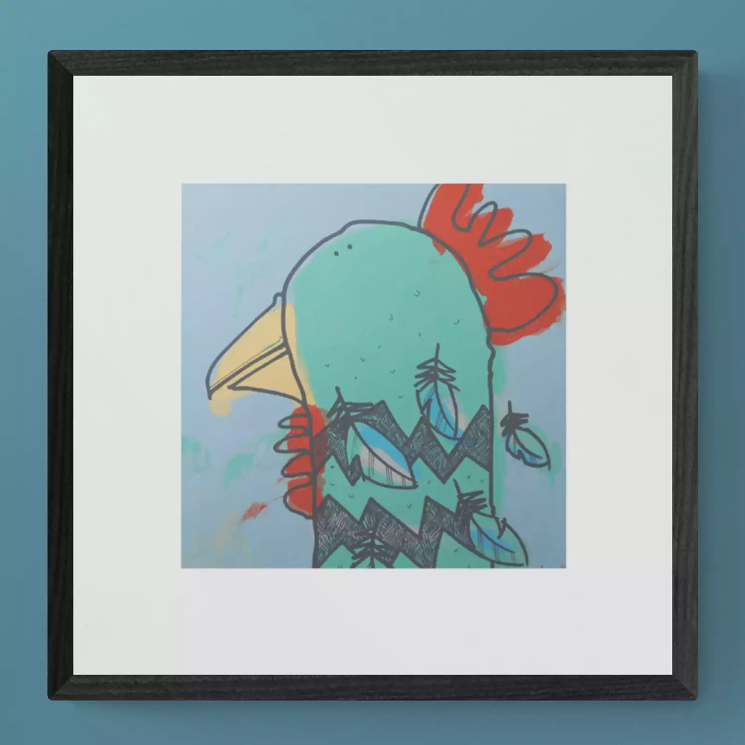 framed colourful cheerful chicken art hen head portrait screen print