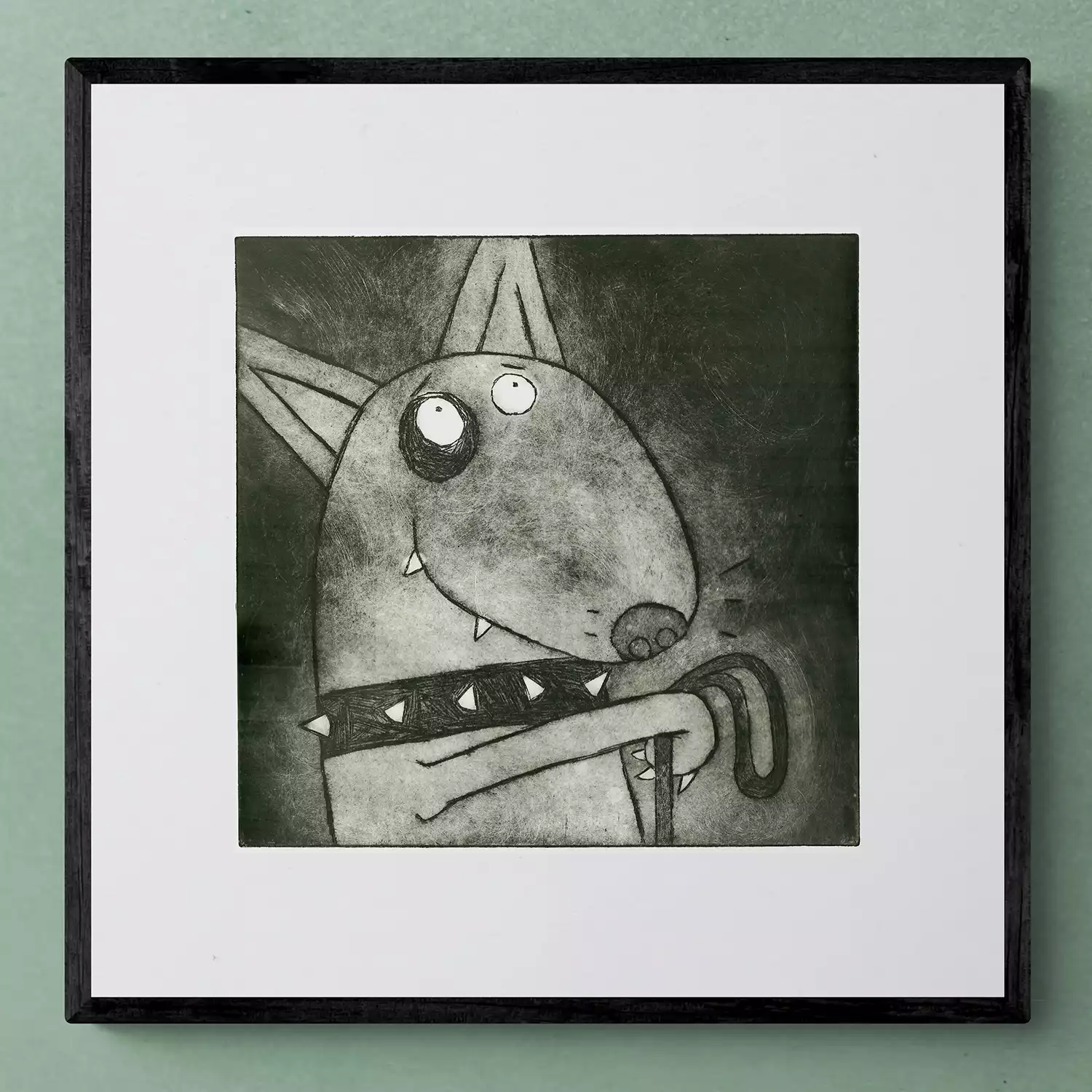 framed dog walker black and white etching English Bull Terrier with lead wall art print