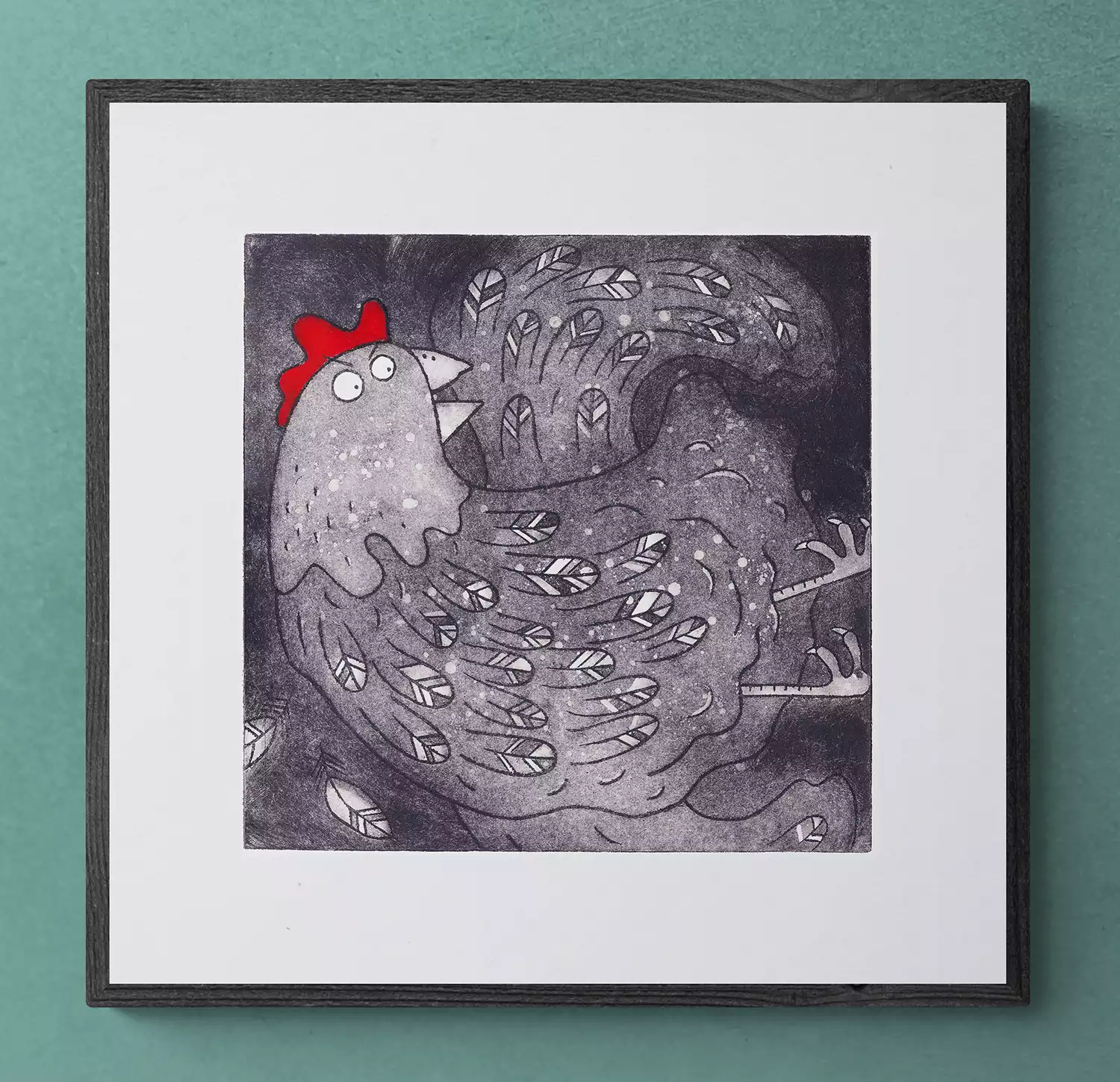 framed startled chicken etching wall art print for the home kitchen or office