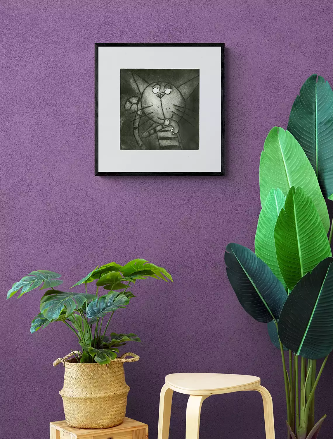 framed stripey tabby cat licking paw wall art print