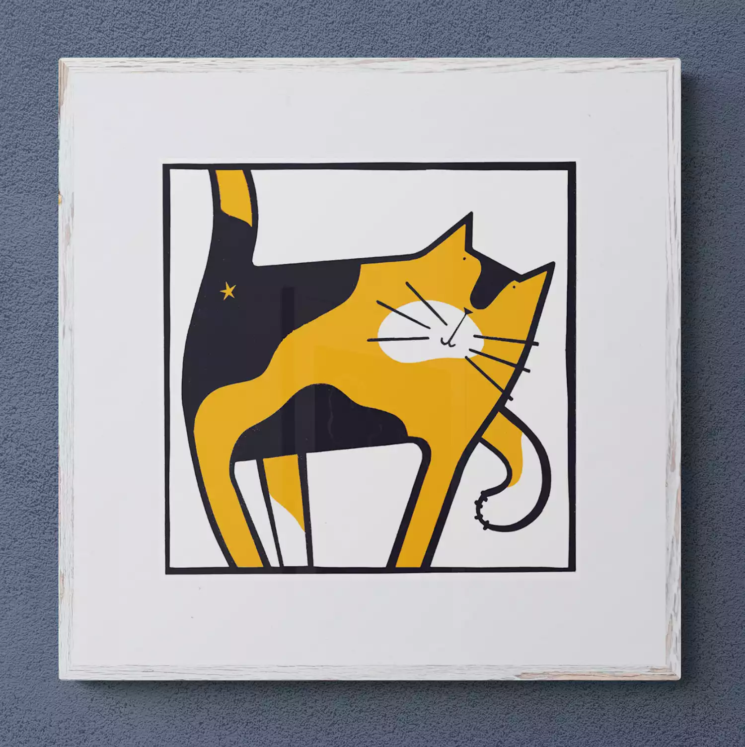 framed tortie cat screen print wall art in black orange and white