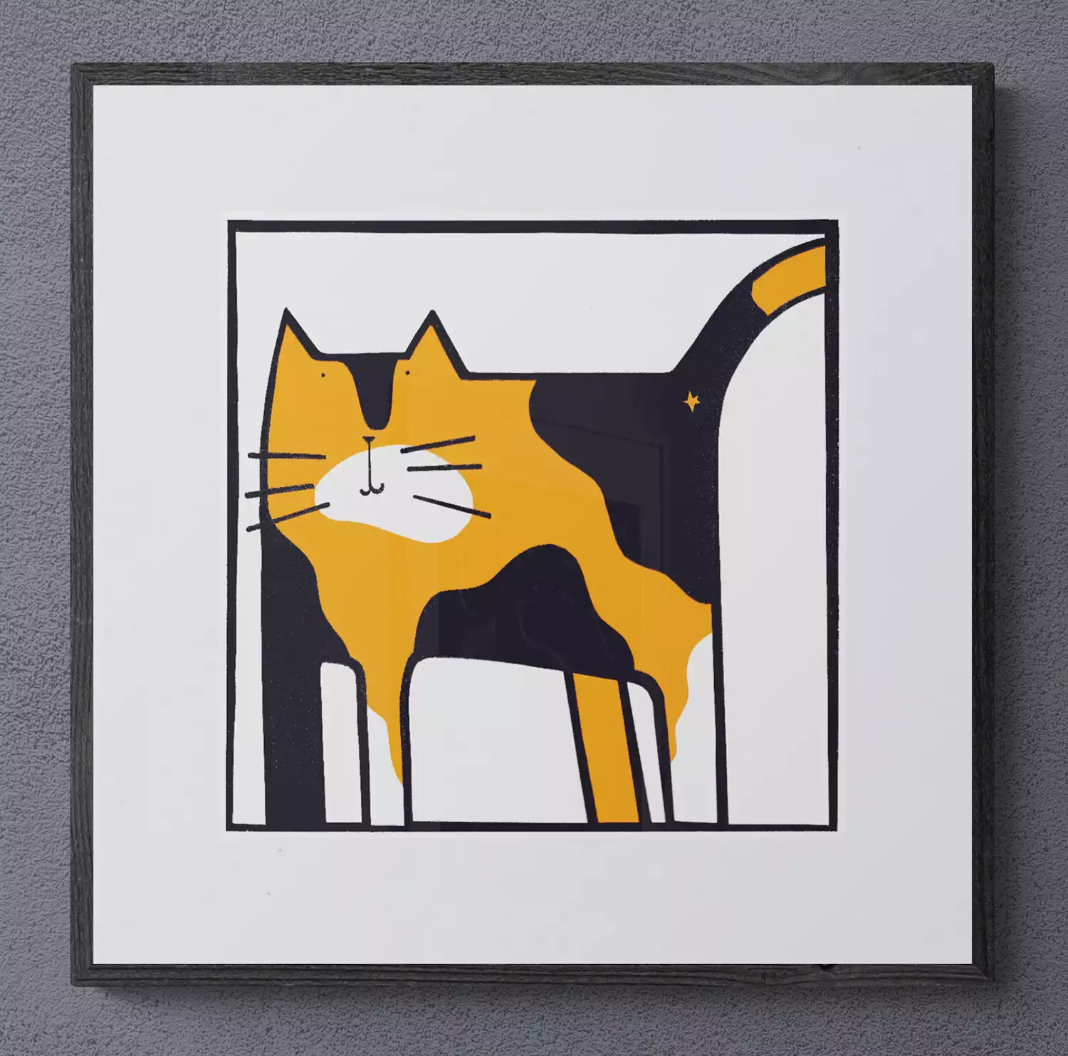 framed tortoiseshell cat screen print wall art in orange black and white