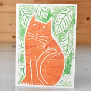 ginger cat card orange marmade tabby cat by a cheese plant blank inside birthday or any occasion greeting card