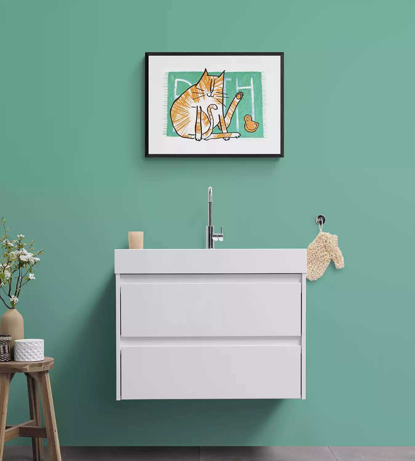ginger tabby cat on green bath mat bathroom wall art print