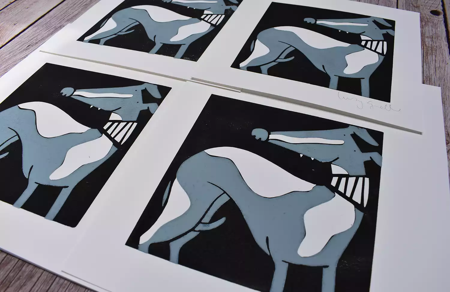 grey and white standing whippet dog prints