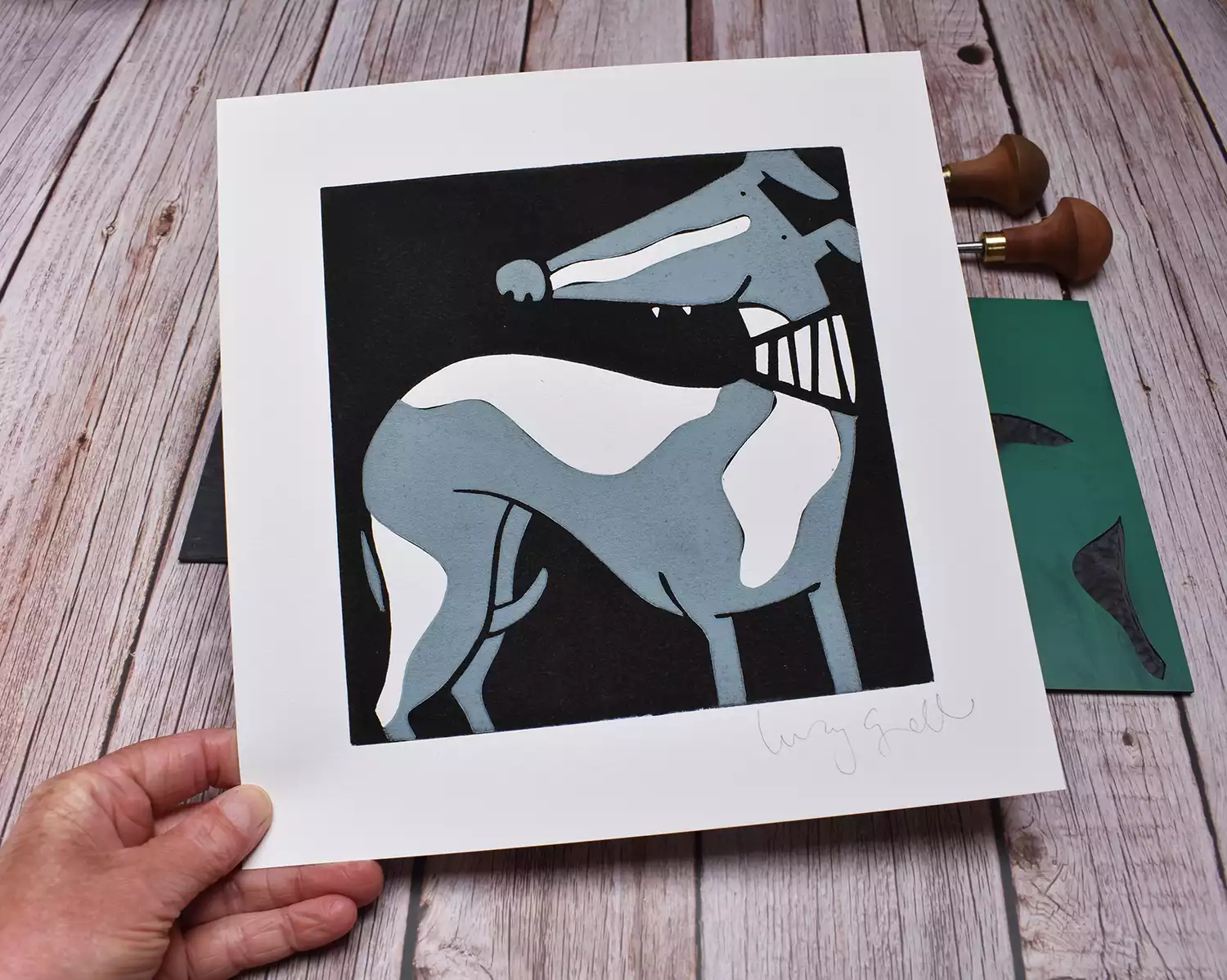 grey and white standing whippet linocut print