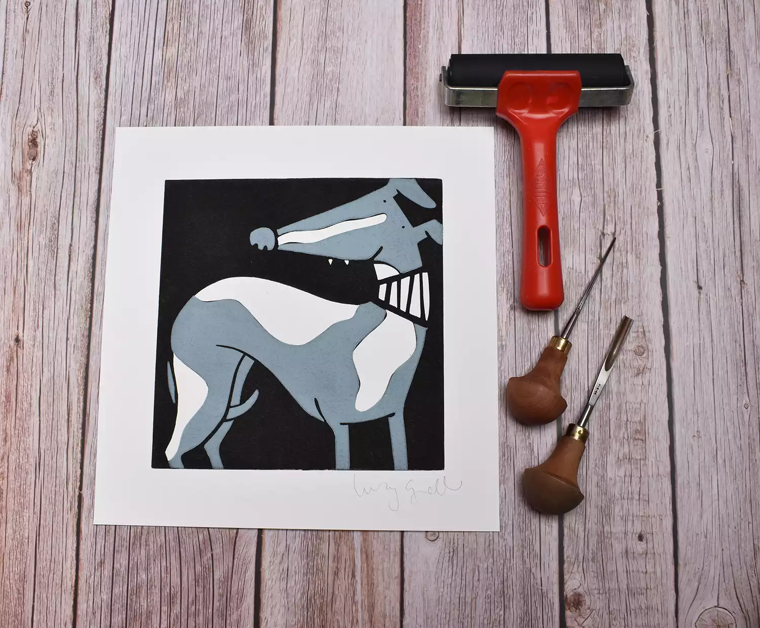 grey and white whippet standing linocut print