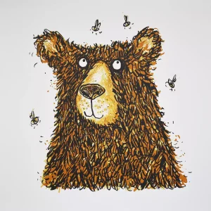 honey bear animal screen print with brown bear and bees nursery wall art