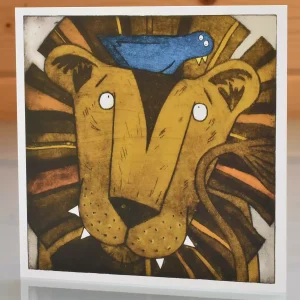 lion greetings card with bird for birthday or any occasion