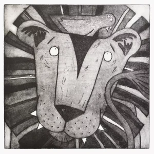 lion print with bird hand printed acid etching animal wall art