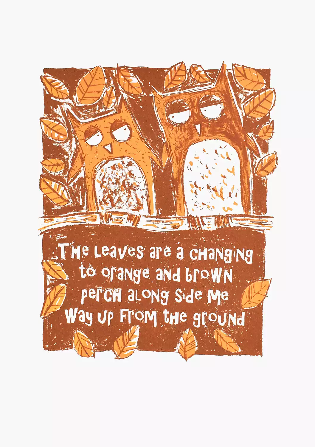 lovebirds art 2 owls perched on a branch amongst the autumn leaves bird screen print wall decor with romantic love verse