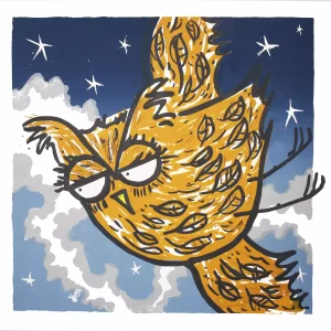 night owl art bird wall screen print with tawny owl flying through a dark blue starry sky