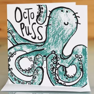 octopus birthday card handprinted and handmade funny blank inside greeting for any occasion