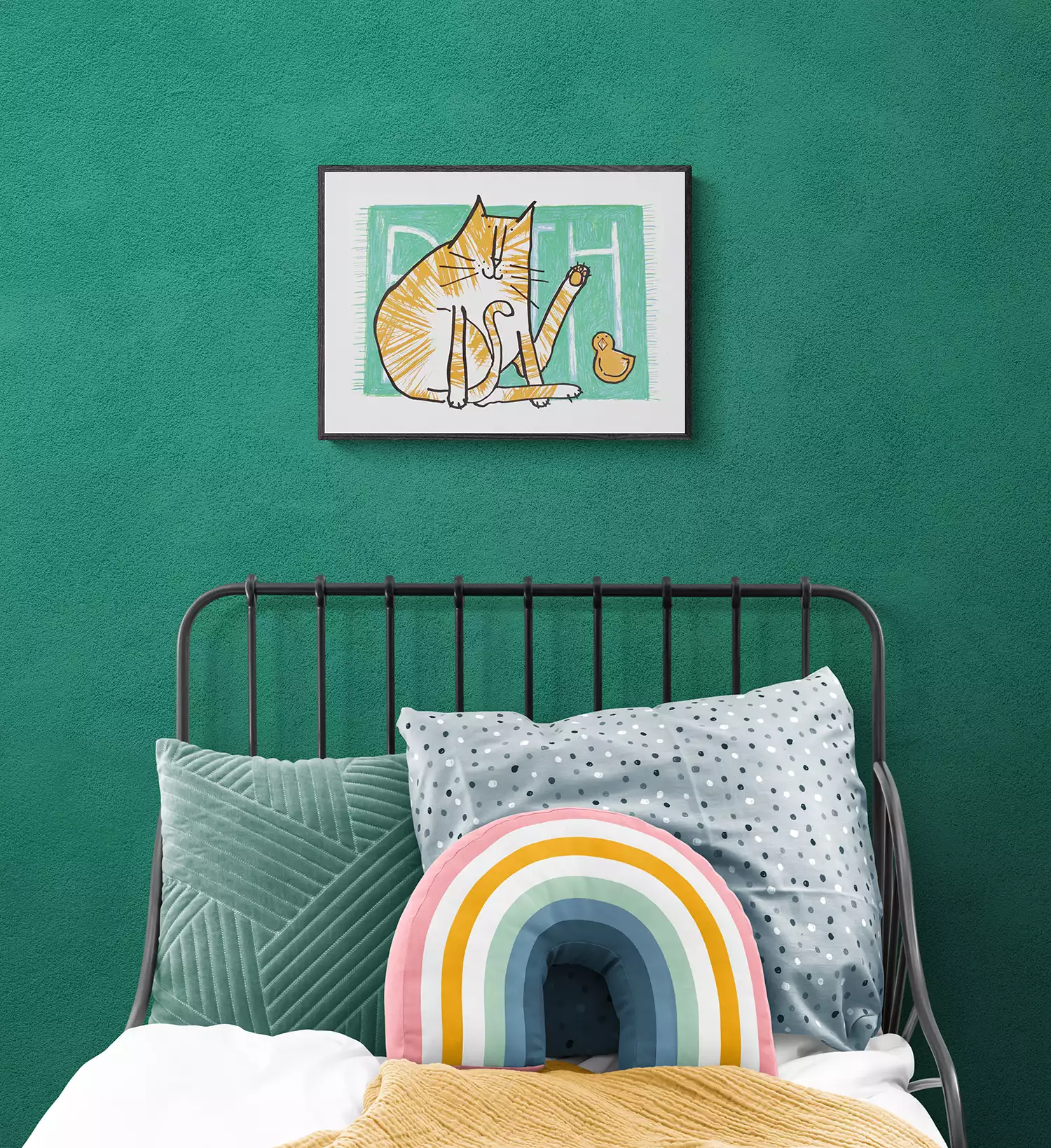 orange and white cat on green mat bedroom wall art print