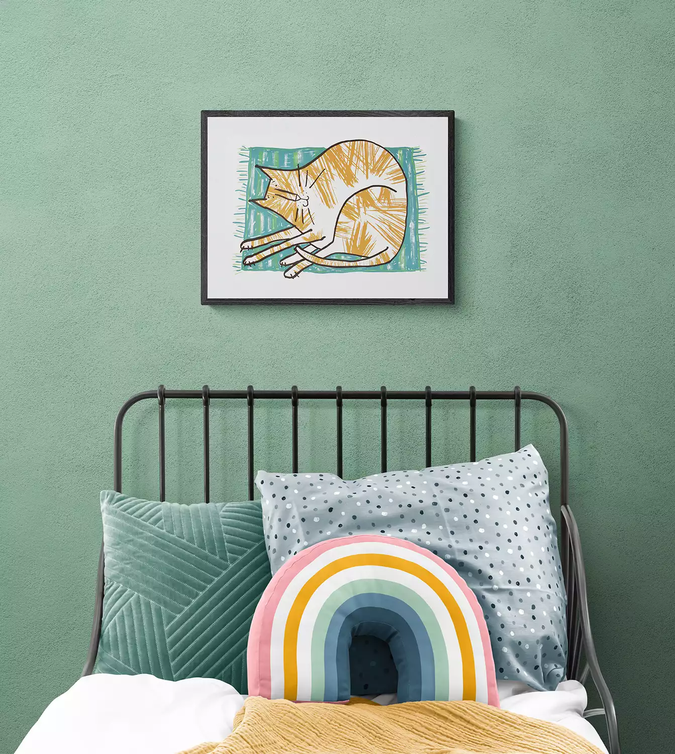 orange and white tabby cat on green mat print