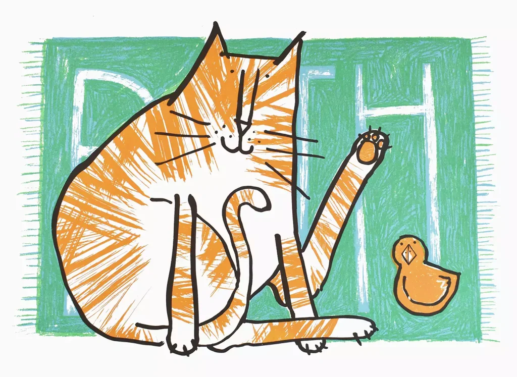 orange and white tabby cat sat on green bath mat with rubber duck bathroom screen print wall art