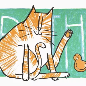orange and white tabby cat sat on green bath mat with rubber duck bathroom screen print animal wall art