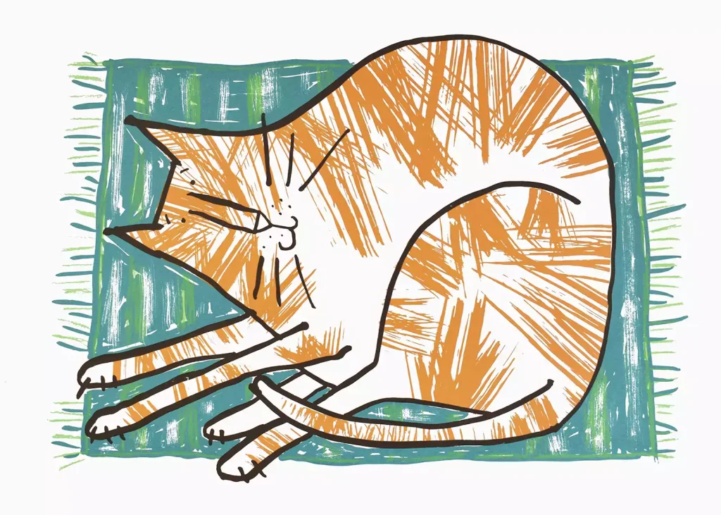 Orange tabby cat screen print wall art with ginger and white cat on a green mat