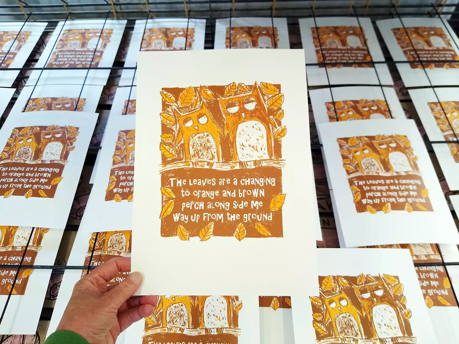owl lovebirds amongst the autumn leaves screen print