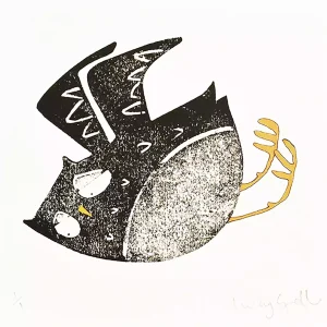 owl monoprint A4 size affordable cheerful flying bird wall art print