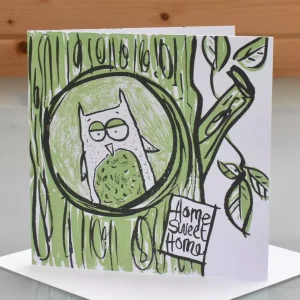new home card handmade welcome greeting featuring an owl in a tree