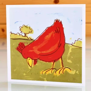 pecking hen art card colourful cheerful any occasion blank inside feeding chicken greeting card
