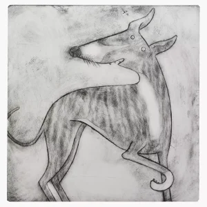 silver brindle whippet animal wall art print drypoint etching