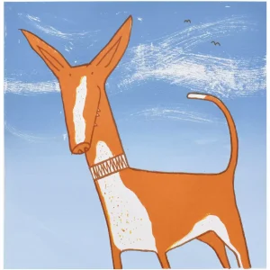 Spanish Podenco Canario cheerful dog animal screen print wall art with blue sky