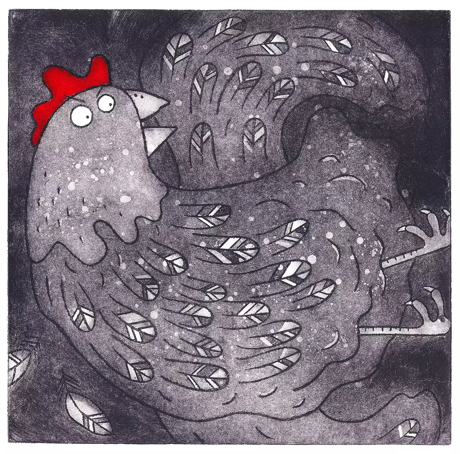 startled chicken bird acid etching contemporary black and white hen wall art print