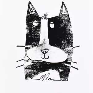 stray cat art - A4 scruffy black and white street cat monoprint wall print