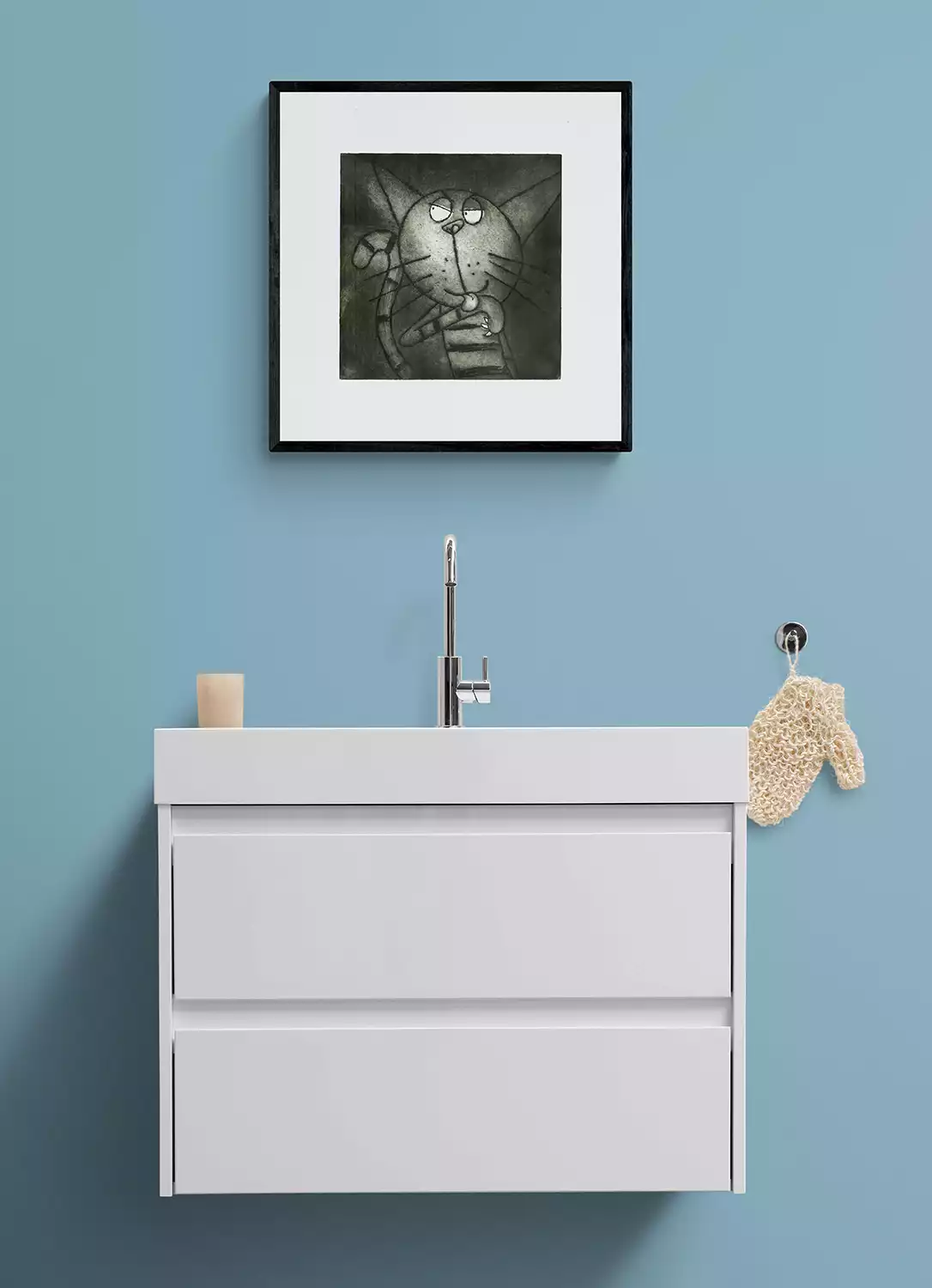 tabby cat washing framed bathroom wall art print