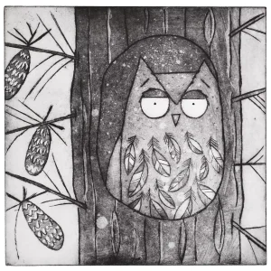 tawny owl art perched in a pine tree black and white bird wall art print acid etching