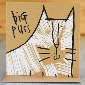white cat card handprinted blank inside birthday or any occasion greeting card