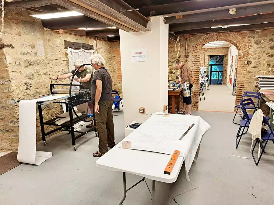 the studio work area where we work on the printmaking retreats in Tuscany