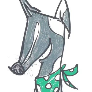 grey and white whippet dog in a green spotty bandana screen print animal wall art